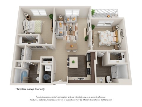 Floor plan for 2 beds, 2 baths, 1174 sqft